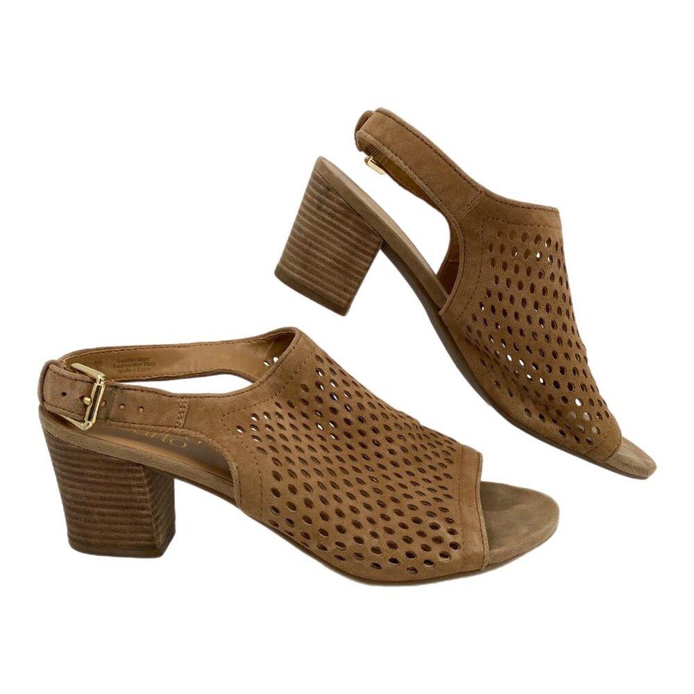 Franco Sarto Brown Suede Lasercut Heeled Sandals | Size 8
